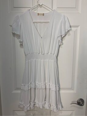 Altar'd State White V-Neck Flutter Sleeve Mini Dress